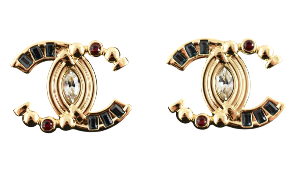Chanel 26A Blazy Gold Green Red Crystal XL CC Logo Dangle Drop Stud Earrings